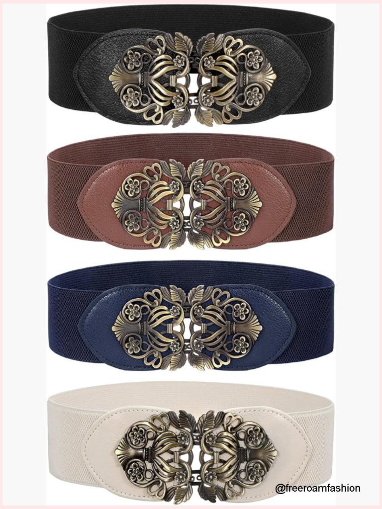 Vintage Wide Waist Belt Set - Elastic Stretch Belt With Retro Interlocking